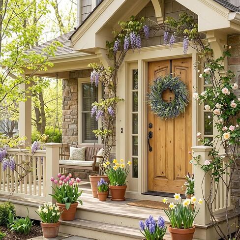 Jobflower 24 Inch Lavender Wreath for Front Door - Artificial Spring Wreath with Realistic Blue Berries - Lifelike Farmhouse Wall Decor for All Seasons in Saudi Arabia
