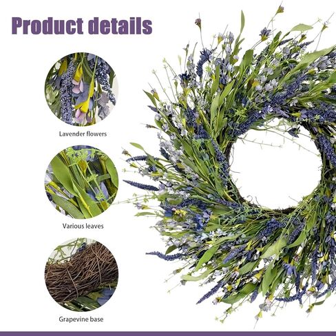 Jobflower 24 Inch Lavender Wreath for Front Door - Artificial Spring Wreath with Realistic Blue Berries - Lifelike Farmhouse Wall Decor for All Seasons in Saudi Arabia