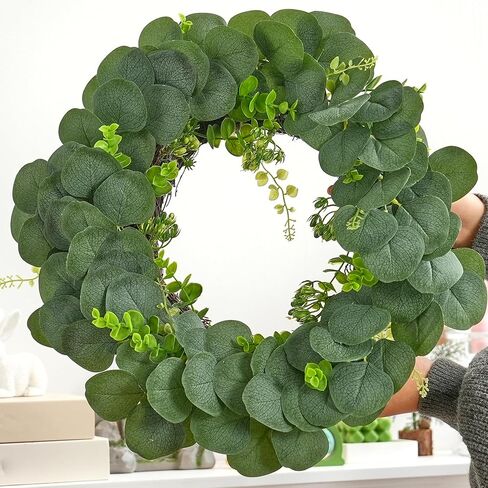 Eucalyptus Wreath for Front Door, Artificial Greenery Wreath with Realistic Leaves for Spring Easter Home Decor, Farmhouse Nordic Round Wreaths with Jute Hanger for Wall, Outdoor in Saudi Arabia
