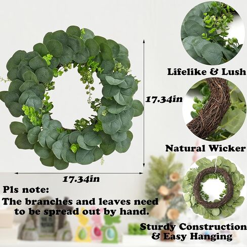 Eucalyptus Wreath for Front Door, Artificial Greenery Wreath with Realistic Leaves for Spring Easter Home Decor, Farmhouse Nordic Round Wreaths with Jute Hanger for Wall, Outdoor in Saudi Arabia
