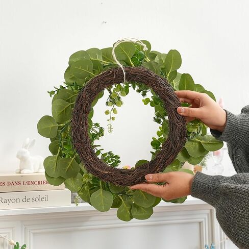 Eucalyptus Wreath for Front Door, Artificial Greenery Wreath with Realistic Leaves for Spring Easter Home Decor, Farmhouse Nordic Round Wreaths with Jute Hanger for Wall, Outdoor in Saudi Arabia