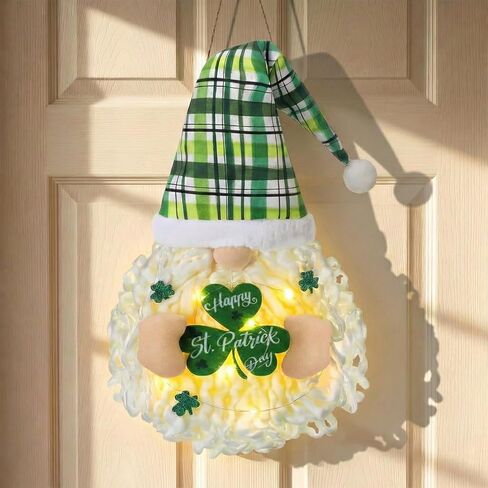 St Patrick's Day Gnome Wreath for Front Decoration Irish Shamrock Gnome with Lights Irish Ornament of Spring St Patrick's Day Wall Decoration for Home Office Porch in Saudi Arabia