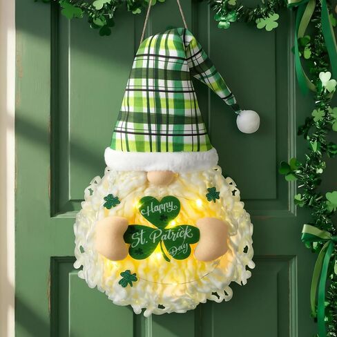 St Patrick's Day Gnome Wreath for Front Decoration Irish Shamrock Gnome with Lights Irish Ornament of Spring St Patrick's Day Wall Decoration for Home Office Porch in Saudi Arabia