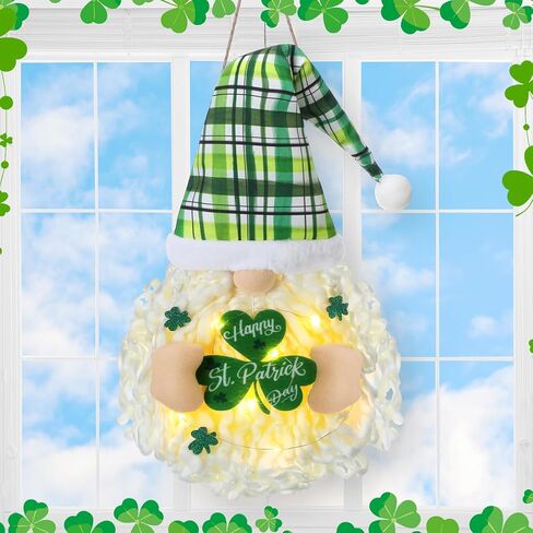 St Patrick's Day Gnome Wreath for Front Decoration Irish Shamrock Gnome with Lights Irish Ornament of Spring St Patrick's Day Wall Decoration for Home Office Porch in Saudi Arabia
