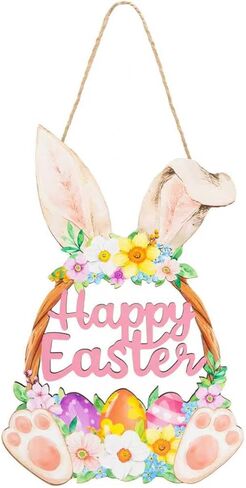 Wooden Easter Decoration Door Wreath, Hollow Bunny Sign Flower Egg Welcome Hanging for Front Door Sign Wall Signs Rabbit Spring Decoration (Multicolor) in Saudi Arabia