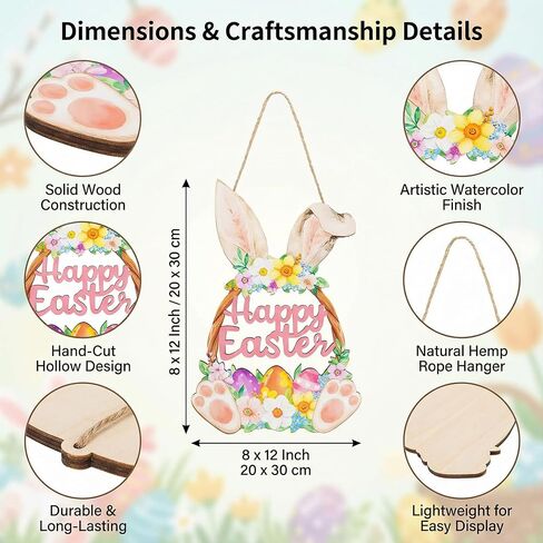 Wooden Easter Decoration Door Wreath, Hollow Bunny Sign Flower Egg Welcome Hanging for Front Door Sign Wall Signs Rabbit Spring Decoration (Multicolor) in Saudi Arabia