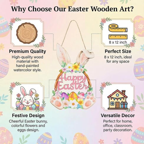 Wooden Easter Decoration Door Wreath, Hollow Bunny Sign Flower Egg Welcome Hanging for Front Door Sign Wall Signs Rabbit Spring Decoration (Multicolor) in Saudi Arabia