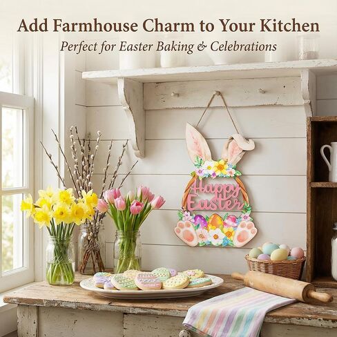 Wooden Easter Decoration Door Wreath, Hollow Bunny Sign Flower Egg Welcome Hanging for Front Door Sign Wall Signs Rabbit Spring Decoration (Multicolor) in Saudi Arabia