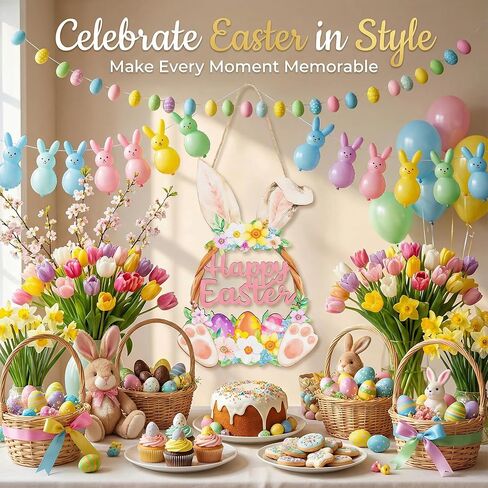 Wooden Easter Decoration Door Wreath, Hollow Bunny Sign Flower Egg Welcome Hanging for Front Door Sign Wall Signs Rabbit Spring Decoration (Multicolor) in Saudi Arabia