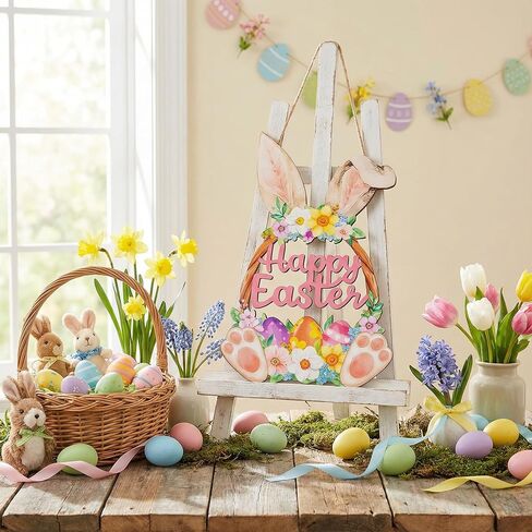 Wooden Easter Decoration Door Wreath, Hollow Bunny Sign Flower Egg Welcome Hanging for Front Door Sign Wall Signs Rabbit Spring Decoration (Multicolor) in Saudi Arabia