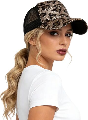 Sparkly Sequin Leopard Print Baseball Cap for Women Breathable Shimmer Ponytail Trucker Hat Outdoors Sun Caps in Kuwait