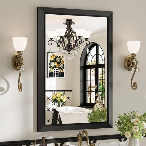مرآة حمام سوداء مقاس 24 × 36 بوصة للجدار، مرايا حمام مستطيلة مشطوفة مؤطرة للحمام فوق الحوض، غرفة النوم، غرفة المعيشة، المدخل، مقاومة للصدأ، زجاج مقسى عالي الدقة، أفقيًا/عموديًا in Saudi Arabia