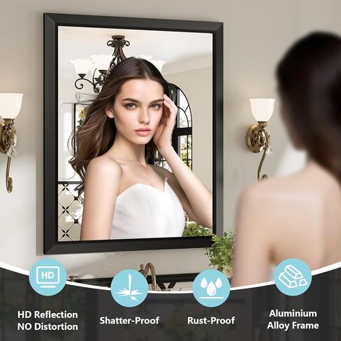 مرآة حمام سوداء مقاس 24 × 36 بوصة للجدار، مرايا حمام مستطيلة مشطوفة مؤطرة للحمام فوق الحوض، غرفة النوم، غرفة المعيشة، المدخل، مقاومة للصدأ، زجاج مقسى عالي الدقة، أفقيًا/عموديًا in Saudi Arabia