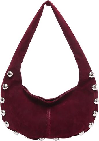 Suede Purse Studded Hobo Shoulder Suede Bag for Women Crescent Purse Soft Underarm Bag with Silver Ball Rivets Trendy Alt in Saudi Arabia