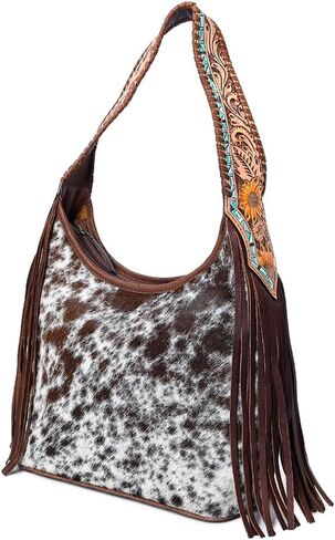 American Darling Hobo Bag for Women, Hand Tooled Floral Leather & Hair-On Cowhide Western Purse with Fringes & YKK Zipper in Saudi Arabia