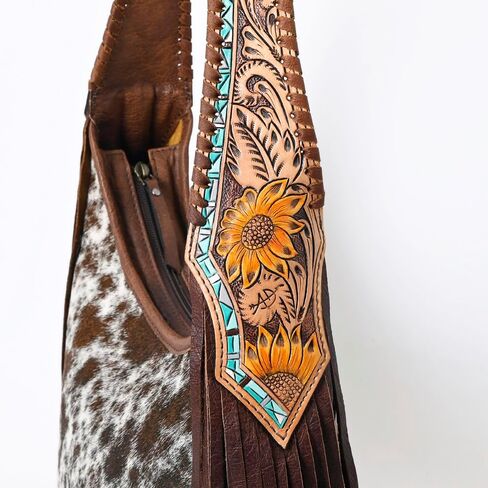 American Darling Hobo Bag for Women, Hand Tooled Floral Leather & Hair-On Cowhide Western Purse with Fringes & YKK Zipper in Saudi Arabia