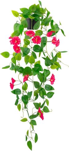 LOYWREE Artificial Hanging Flowers Plants Fake Potted Long Ivy Vine Plant Faux Pothos with Hanging Morning Glory Flowers for Shelf Decor Home Office Indoor Outdoor Decoration (Black Pot,Blue) in Saudi Arabia