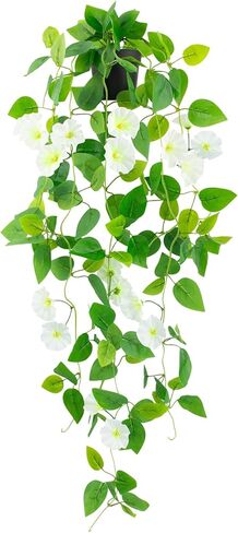 LOYWREE Artificial Hanging Flowers Plants Fake Potted Long Ivy Vine Plant Faux Pothos with Hanging Morning Glory Flowers for Shelf Decor Home Office Indoor Outdoor Decoration (Black Pot,Blue) in Saudi Arabia