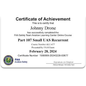 Part 107 Small UAS Recurrent Certificate of Achievement hard-copy of your card in Kuwait