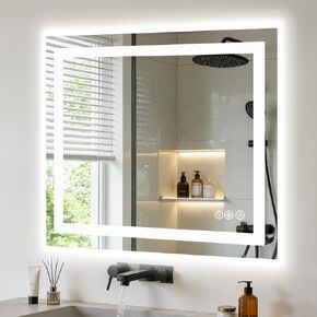 NEWBULIG 36X36 مرآة حمام LED مع أضواء، مضادة للضباب، إضاءة خلفية + إضاءة أمامية، مرآة زينة حمام مضاءة للجدار، وظيفة الذاكرة، عاكسة للضوء، زجاج مقسى، مقاومة للكسر in Kuwait