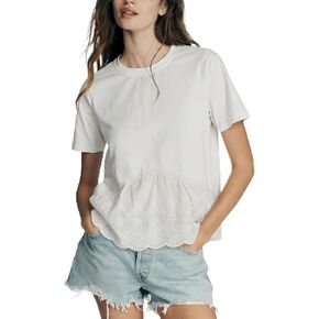 قمصان نسائية قصيرة الأكمام صيفية مطرزة بالقطن وقمصان كاجوال بياقة دائرية in Kuwait