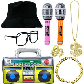 مجموعة أزياء هيب هوب التسعينيات من القرن الماضي، مجموعة كاملة من معدات مغني الراب للرجال وقبعة كبيرة الحجم، وقلادة سلسلة، ونظارات والمزيد من الأشياء اللامعة المثالية للحفلات in Kuwait