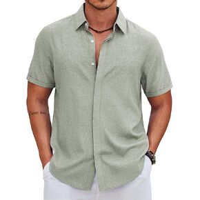 COOFANDY Men's Button Down Short Sleeve Shirts Casual Summer Vacation Shirts Linen Beach Wedding Shirt in Kuwait