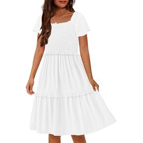 فستان HOSIKA الصيفي للفتيات منقط سويسري مكشكش بطبقات سوينغ بوهو متوسط ​​الطول مع جيوب لعمر 6-12 سنة in Kuwait