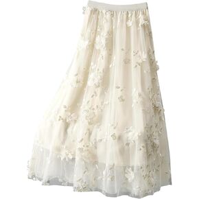 Womens Tulle Maxi Skirt Floral Embroidery High Waisted Double Layered Skirts A Line Cute Party Casual Outfits in Kuwait