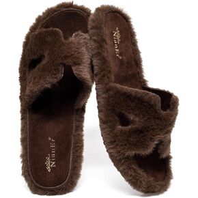 NianEr Womens H Strap Fur Fuzzy Furry Cushioned Soft Foam Comfortable Warm Winter Summer House Sandals Slippers Open Toe Hard Sole Slip On Indoor Outdoor House Shoes in Saudi Arabia