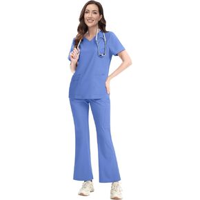 طقم مستلزمات طبية للنساء من VIAOLI - بلوزة برقبة على شكل حرف V مع بنطلون، جيوب متعددة، رباط قابل للتعديل، 10 ألوان in Kuwait