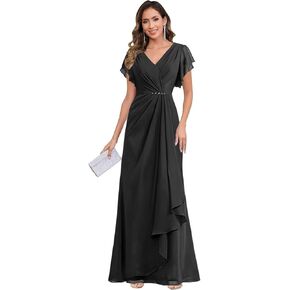 Sparkly Ruffle Sleeves Mother of The Bride Dresses for Women 2025 Long Chiffon V-Neck Pleated Wedding Formal Gown in Kuwait