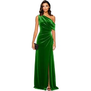 One Shoulder Velvet Bridesmaid Dresses with Slit Long Mermaid Pleated Empire Waist Formal Evening Prom Gowns in Kuwait