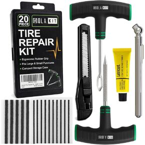 طقم إصلاح الإطارات 20 قطعة - طقم سدادات الإطارات المسطحة يتضمن أدوات مريحة على شكل حرف T مع قبضة مغطاة بالمطاط، وشرائط إصلاح الإطارات بمقاسين، وسكين، ومقياس ضغط الإطارات ومواد التشحيم - السيارة، وسيارات الدفع الرباعي، والدراجات النارية، وATV in Kuwait