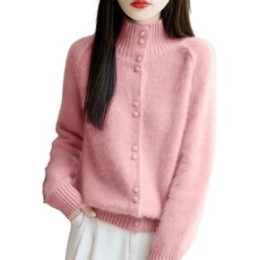 Women's Wool Cardigan High Collar Loose Knit Sweater Winter Thick Warm Single Breasted Jumpers in Saudi Arabia