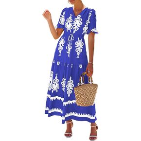 Lazysmile Summer Dresses for Women Short Sleeve V Neck Floral Drawstring Flowy A Line Boho Maxi Dress with Pockets in Kuwait