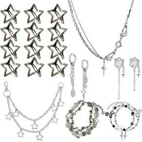 Quelay 21 Pcs Y2k Sliver Jewelry Set Star Shaped Layered Necklace Chain Hip Hop Hair Clip Grunge Aesthetic Vintage 2000s Cute Accessories for Christmas Party Birthday Date Role Playing Gift for Women in Kuwait
