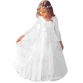White Lace Flower Girl Dress with Long Sleeves, Floor Length, V-Neck, Formal Wedding Party Dress for Girls in Saudi Arabia