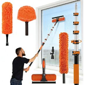 مجموعات منفضة سقف عالية 30 قدمًا مع عمود تمديد تلسكوبي 5-24 قدمًا - منظف شفرة المروحة، مزيل نسيج العنكبوت ومجموعة تنظيف النوافذ، فرشاة غبار قابلة للغسل للأسطح العالية والأسطح الزجاجية in Kuwait