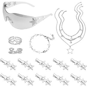 18Pcs Y2k silver accessories Accessories Set, Grunge Star Emo Jewelry Included Layered Y2K Star Necklace Punk Bracelet Sunglasses Aesthetic Rings Star Hair Clips for Women Alt Accessories in Kuwait
