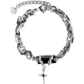 GulCean Mens Cross Bracelet Stainless Steel Silver Adjustable Chunky Chain Trendy Y2K Punk Goth Viking Liquid Metal Black Crystal Layered Stack Star Cross Charm Bracelet for Men Jewelry Gift in Kuwait