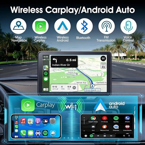 ستيريو سيارة Carplay لاسلكي محمول من Eleacc، كاميرا تعمل باللمس عالية الدقة مقاس 7 بوصات متوافقة مع Apple CarPlay وAndroid Auto للسيارة مع وصلة مرآة/كاميرا احتياطية/Siri/Bluetooth/الملاحة لجميع المركبات in Kuwait
