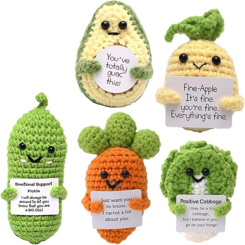Encouragement Support Vegetables and Fruits Knitted Dolls with Positive Card- 5PCS Handmade Emotional Gift Creative Cute Crochet Doll Cheer Up Gift for Friends, Parties Room Decoration in Saudi Arabia