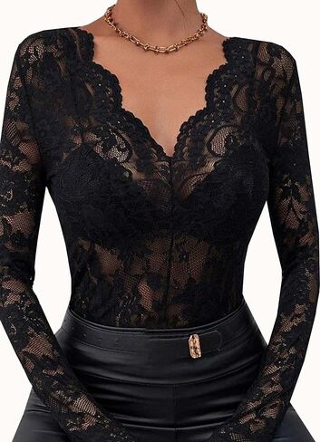 METWAY المرأة الدانتيل كم طويل قميص بقماش شفاف قميص داخلي مثير الأزهار انظر من خلال الخامس الرقبة الدانتيل طبقات تي شيرت in Kuwait