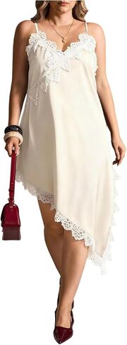 BEAUDRM Women's Plus Size Lace Cami Dress V Neck Spaghetti Strap Asymmetrical Going Out Midi Dresses in Saudi Arabia