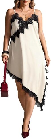BEAUDRM Women's Plus Size Lace Cami Dress V Neck Spaghetti Strap Asymmetrical Going Out Midi Dresses in Saudi Arabia