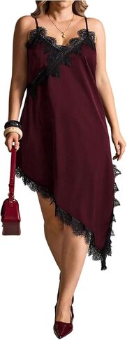 BEAUDRM Women's Plus Size Lace Cami Dress V Neck Spaghetti Strap Asymmetrical Going Out Midi Dresses in Saudi Arabia