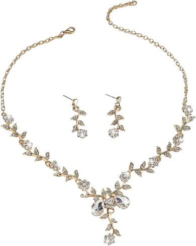 JczR.Y Rhinestone Bridal Necklace Crystal Rhinestone Leaf Necklace Wedding Bridesmaid Choker Earrings for Women Bride Prom Party Statement Jewelry Set in Saudi Arabia
