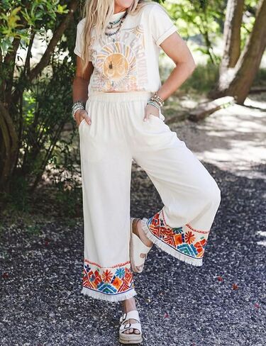 Hooever Women's High Waisted Wide Leg Pants Boho Tribal Print Fringe Hem Elastic Waist Casual Summer Beach Trousers in Saudi Arabia