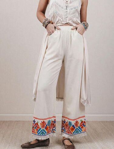 Hooever Women's High Waisted Wide Leg Pants Boho Tribal Print Fringe Hem Elastic Waist Casual Summer Beach Trousers in Saudi Arabia